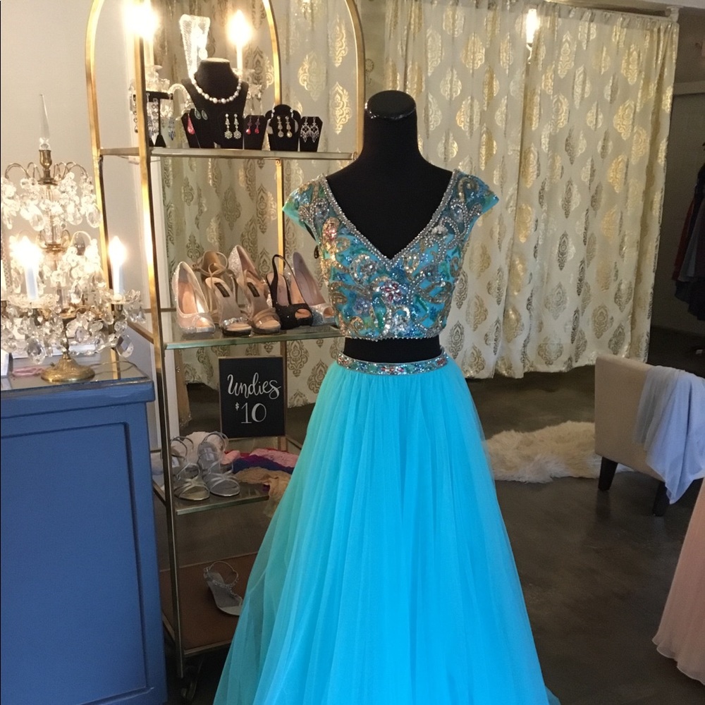Sherri Hill Aqua Two-Piece Prom Dress